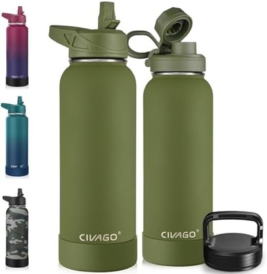 32 oz Insulated Water Bottle With Straw, Stainless Steel Sports Water Cup Flask with 3 Lids (Straw, Spout and Handle Lid