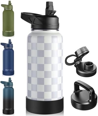 32 oz Insulated Water Bottle With Straw, Stainless Steel Sports Water Cup Flask with 3 Lids (Straw, Spout and Handle Lid