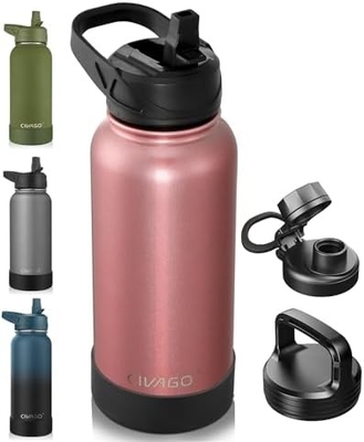 32 oz Insulated Water Bottle With Straw, Stainless Steel Sports Water Cup Flask with 3 Lids (Straw, Spout and Handle Lid