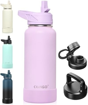 32 oz Insulated Water Bottle With Straw, Stainless Steel Sports Water Cup Flask with 3 Lids (Straw, Spout and Handle Lid