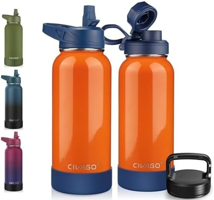 32 oz Insulated Water Bottle With Straw, Stainless Steel Sports Water Cup Flask with 3 Lids (Straw, Spout and Handle Lid