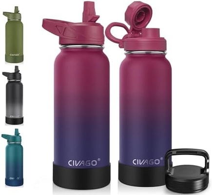 32 oz Insulated Water Bottle With Straw, Stainless Steel Sports Water Cup Flask with 3 Lids (Straw, Spout and Handle Lid