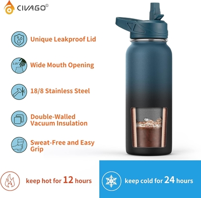 32 oz Insulated Water Bottle With Straw, Stainless Steel Sports Water Cup Flask with 3 Lids (Straw, Spout and Handle Lid