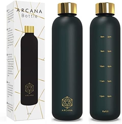 ARCANA Arc Water Bottle With Time Marker - Motivational Water Bottles With Times To Drink - BPA Free Frosted Plastic