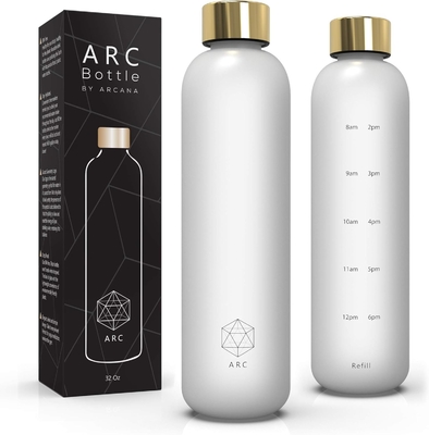 ARCANA Arc Water Bottle With Time Marker - Motivational Water Bottles With Times To Drink - BPA Free Frosted Plastic
