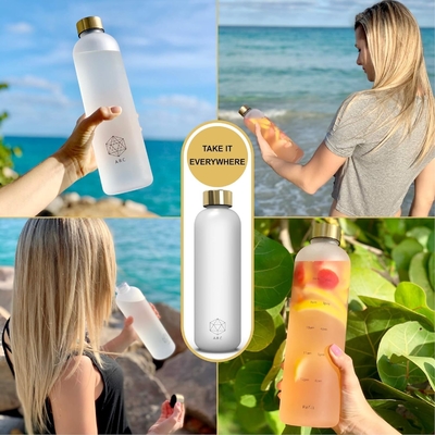 ARCANA Arc Water Bottle With Time Marker - Motivational Water Bottles With Times To Drink - BPA Free Frosted Plastic