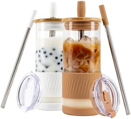 Glass Cups With Lids and Straws -20 Fl Oz- Perfect Size Iced Coffee Cup - Smoothie Cup With Bamboo