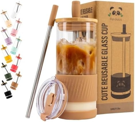 Glass Cups With Lids and Straws -20 Fl Oz- Perfect Size Iced Coffee Cup - Smoothie Cup With Bamboo