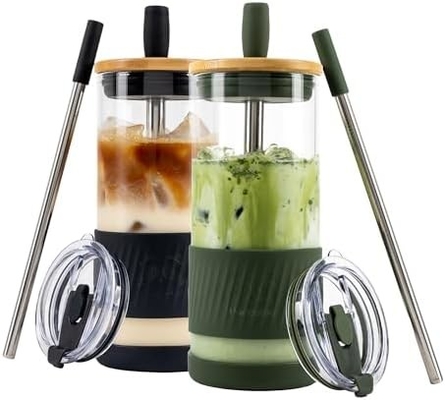 Glass Cups With Lids and Straws -20 Fl Oz- Perfect Size Iced Coffee Cup - Smoothie Cup With Bamboo