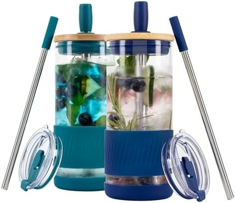 Glass Cups With Lids and Straws -20 Fl Oz- Perfect Size Iced Coffee Cup - Smoothie Cup With Bamboo