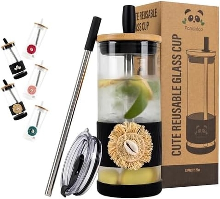 Glass Cups With Lids and Straws -20 Fl Oz- Perfect Size Iced Coffee Cup - Smoothie Cup With Bamboo
