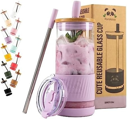 Glass Cups With Lids and Straws -20 Fl Oz- Perfect Size Iced Coffee Cup - Smoothie Cup With Bamboo