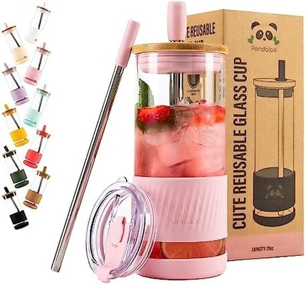 Glass Cups With Lids and Straws -20 Fl Oz- Perfect Size Iced Coffee Cup - Smoothie Cup With Bamboo