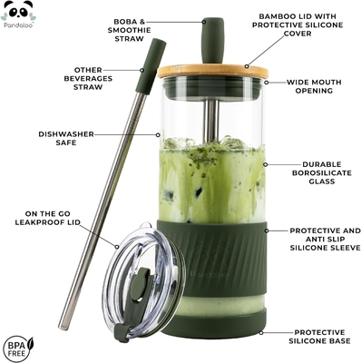 Glass Cups With Lids and Straws -20 Fl Oz- Perfect Size Iced Coffee Cup - Smoothie Cup With Bamboo