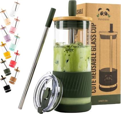 Glass Cups With Lids and Straws -20 Fl Oz- Perfect Size Iced Coffee Cup - Smoothie Cup With Bamboo