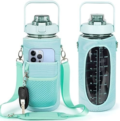 Half Gallon Water Bottle With Sleeve 64oz (2L) Inspirational Water Bottle With Straw and Time Stamp,
