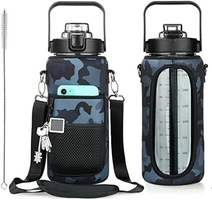 Half Gallon Water Bottle With Sleeve 64oz (2L) Inspirational Water Bottle With Straw and Time Stamp,