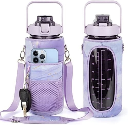 Half Gallon Water Bottle With Sleeve 64oz (2L) Inspirational Water Bottle With Straw and Time Stamp,