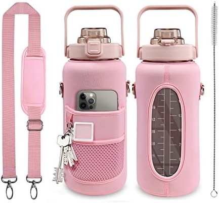 Half Gallon Water Bottle With Sleeve 64oz (2L) Inspirational Water Bottle With Straw and Time Stamp,