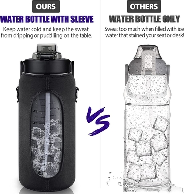 Half Gallon Water Bottle With Sleeve 64oz (2L) Inspirational Water Bottle With Straw and Time Stamp,