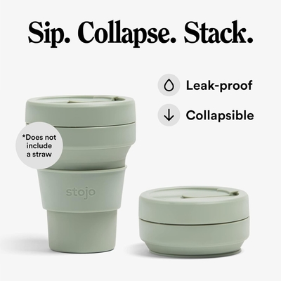 Collapsible Travel Cup - Sage Green, 12oz / 355ml - Leak-Proof Reusable To-Go Pocket Size Silicone Bottle