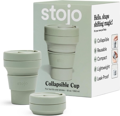 Collapsible Travel Cup - Sage Green, 12oz / 355ml - Leak-Proof Reusable To-Go Pocket Size Silicone Bottle