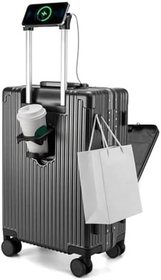 20in Aluminium Frame Hardside Spinner Wheel Luggage, Built-In TSA lock Carry on Suitcase, with Cup Holder &amp; USB Port