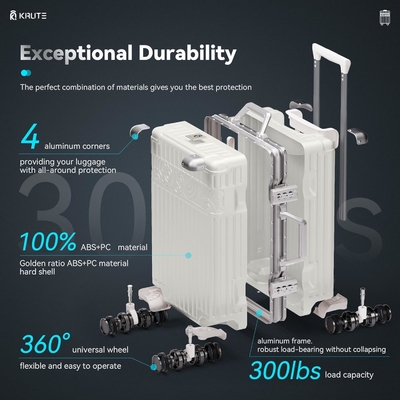 Zipperless Luggage with 8 Wheels 20inch Hard Shell Suitcase with PC+ABS TSA Lock 4 Metal Corner White