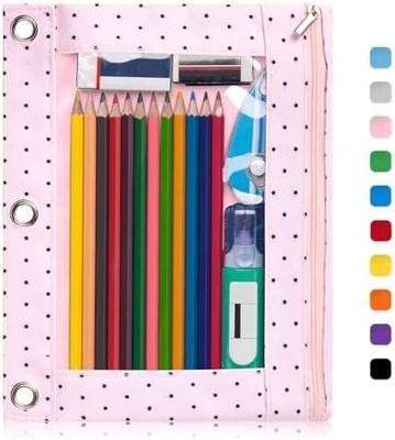 Binder Pencil Case with Smooth Zipper, Clear Window Pencil Case for Binder, Big Capacity 3 Ring Binder Pencil Bag