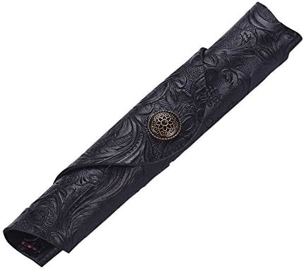 Vintage Handmade Leather Single Pen Case Holder Cowhide Fountain Pen Sleeve Roll Wrap Pen Pouch (Black Carved)