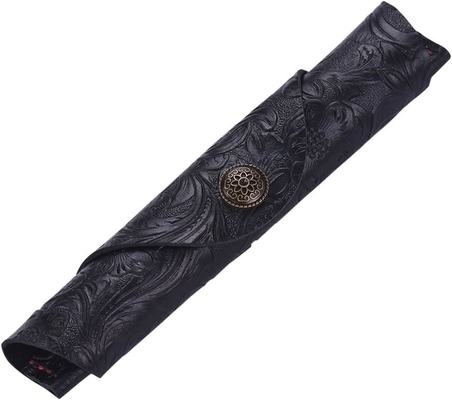Vintage Handmade Leather Single Pen Case Holder Cowhide Fountain Pen Sleeve Roll Wrap Pen Pouch (Black Carved)