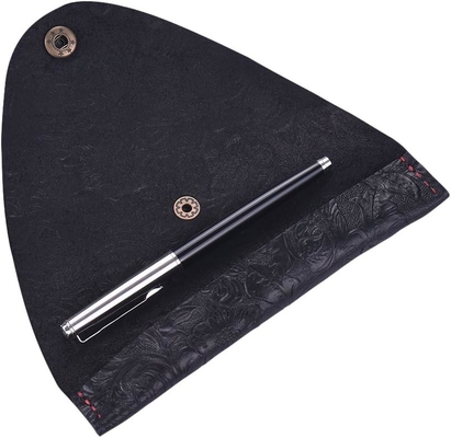 Vintage Handmade Leather Single Pen Case Holder Cowhide Fountain Pen Sleeve Roll Wrap Pen Pouch (Black Carved)