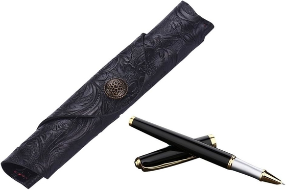 Vintage Handmade Leather Single Pen Case Holder Cowhide Fountain Pen Sleeve Roll Wrap Pen Pouch (Black Carved)