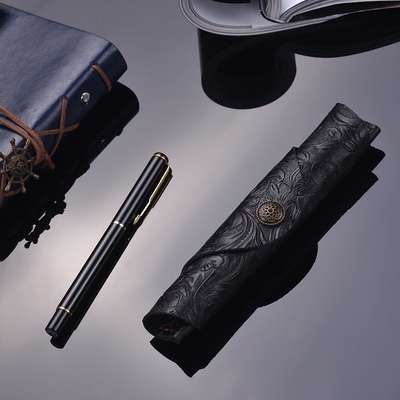Vintage Handmade Leather Single Pen Case Holder Cowhide Fountain Pen Sleeve Roll Wrap Pen Pouch (Black Carved)