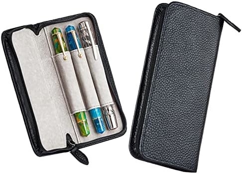 Genuine Leather Fountain Pen Case 3 Divided Slots Black Color, Zippered Pen Case Pouch