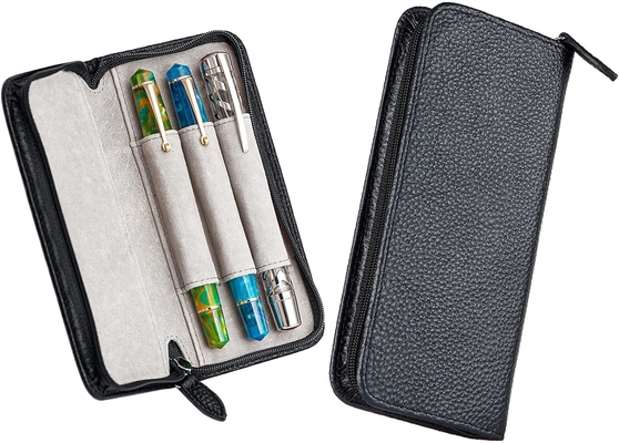 Genuine Leather Fountain Pen Case 3 Divided Slots Black Color, Zippered Pen Case Pouch