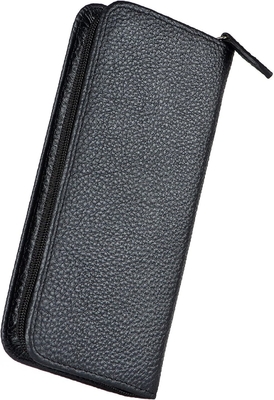 Genuine Leather Fountain Pen Case 3 Divided Slots Black Color, Zippered Pen Case Pouch