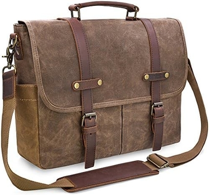 15.6 Inch Waterproof Vintage Genuine Leather Waxed Canvas Briefcase Large Leather Computer Laptop Bag Rugged Satchel