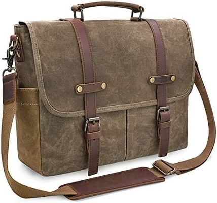 15.6 Inch Waterproof Vintage Genuine Leather Waxed Canvas Briefcase Large Leather Computer Laptop Bag Rugged Satchel