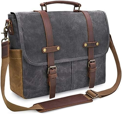 15.6 Inch Waterproof Vintage Genuine Leather Waxed Canvas Briefcase Large Leather Computer Laptop Bag Rugged Satchel