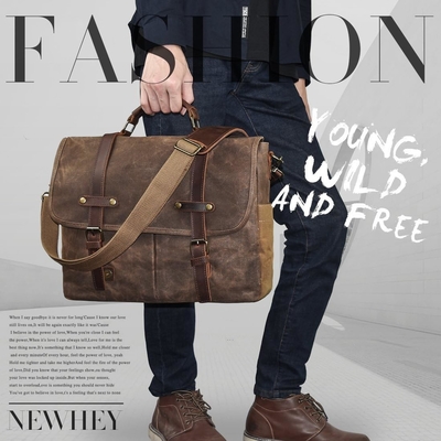 15.6 Inch Waterproof Vintage Genuine Leather Waxed Canvas Briefcase Large Leather Computer Laptop Bag Rugged Satchel
