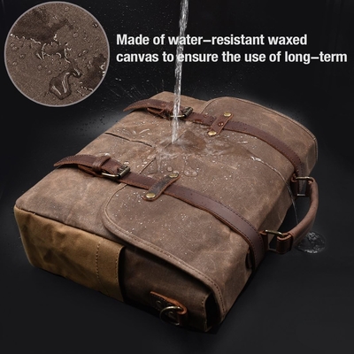 15.6 Inch Waterproof Vintage Genuine Leather Waxed Canvas Briefcase Large Leather Computer Laptop Bag Rugged Satchel