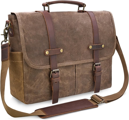 15.6 Inch Waterproof Vintage Genuine Leather Waxed Canvas Briefcase Large Leather Computer Laptop Bag Rugged Satchel