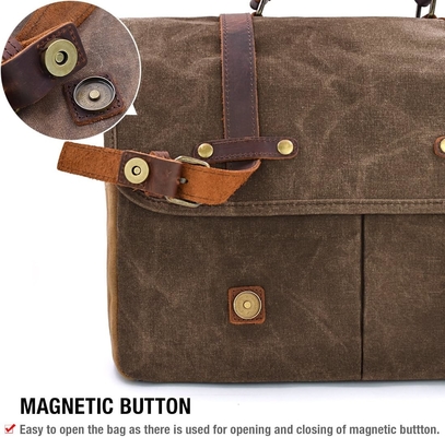 15.6 Inch Waterproof Vintage Genuine Leather Waxed Canvas Briefcase Large Leather Computer Laptop Bag Rugged Satchel