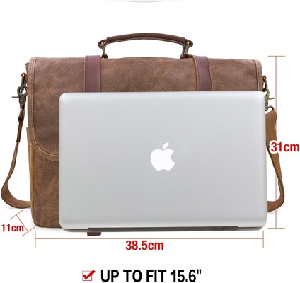 15.6 Inch Waterproof Vintage Genuine Leather Waxed Canvas Briefcase Large Leather Computer Laptop Bag Rugged Satchel