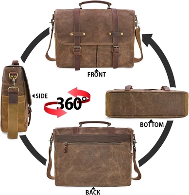 15.6 Inch Waterproof Vintage Genuine Leather Waxed Canvas Briefcase Large Leather Computer Laptop Bag Rugged Satchel