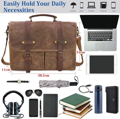 15.6 Inch Waterproof Vintage Genuine Leather Waxed Canvas Briefcase Large Leather Computer Laptop Bag Rugged Satchel