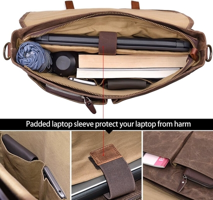 15.6 Inch Waterproof Vintage Genuine Leather Waxed Canvas Briefcase Large Leather Computer Laptop Bag Rugged Satchel