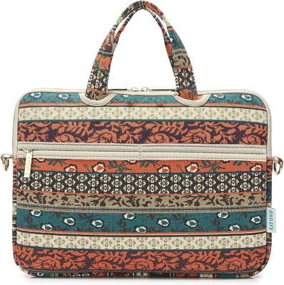 Laptop bag designed for 12.5 to 14 inch laptops with padded interior printed canvas fabric and multiple carrying options