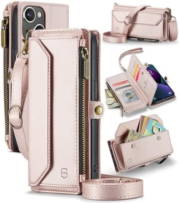 iPhone 13 case, zipper wallet with 7 cards, leather magnetic flip-flop wristband
